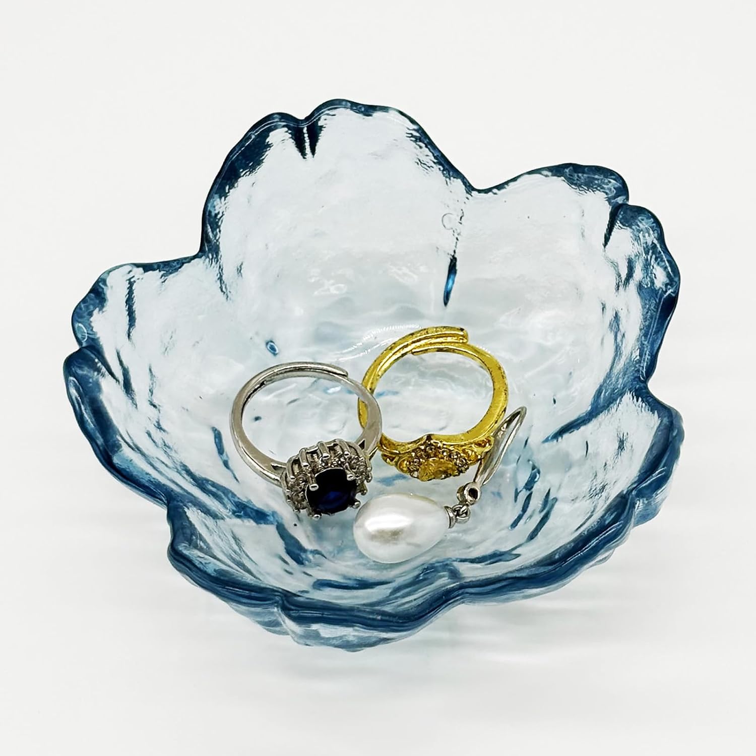 Flower Ring Dish Jewelry Tray, Glass Jewelry Dish Tray, Aesthetic Room Decor Small Trinket Dish, Nightstand Jewlery Ring Holder Dish, Bathroom Jewelry Plate Bowl for Rings Earrings Wife Gift (Blue)