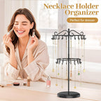 MODOWEY Rotating Necklace Holder Organizer Display Stand with 42 Hooks, 2 Tier Adjustable Metal Tree for Long Necklace Hanger Selling, Tall Spinning Bracelet Storage Rack for Men Women, Black