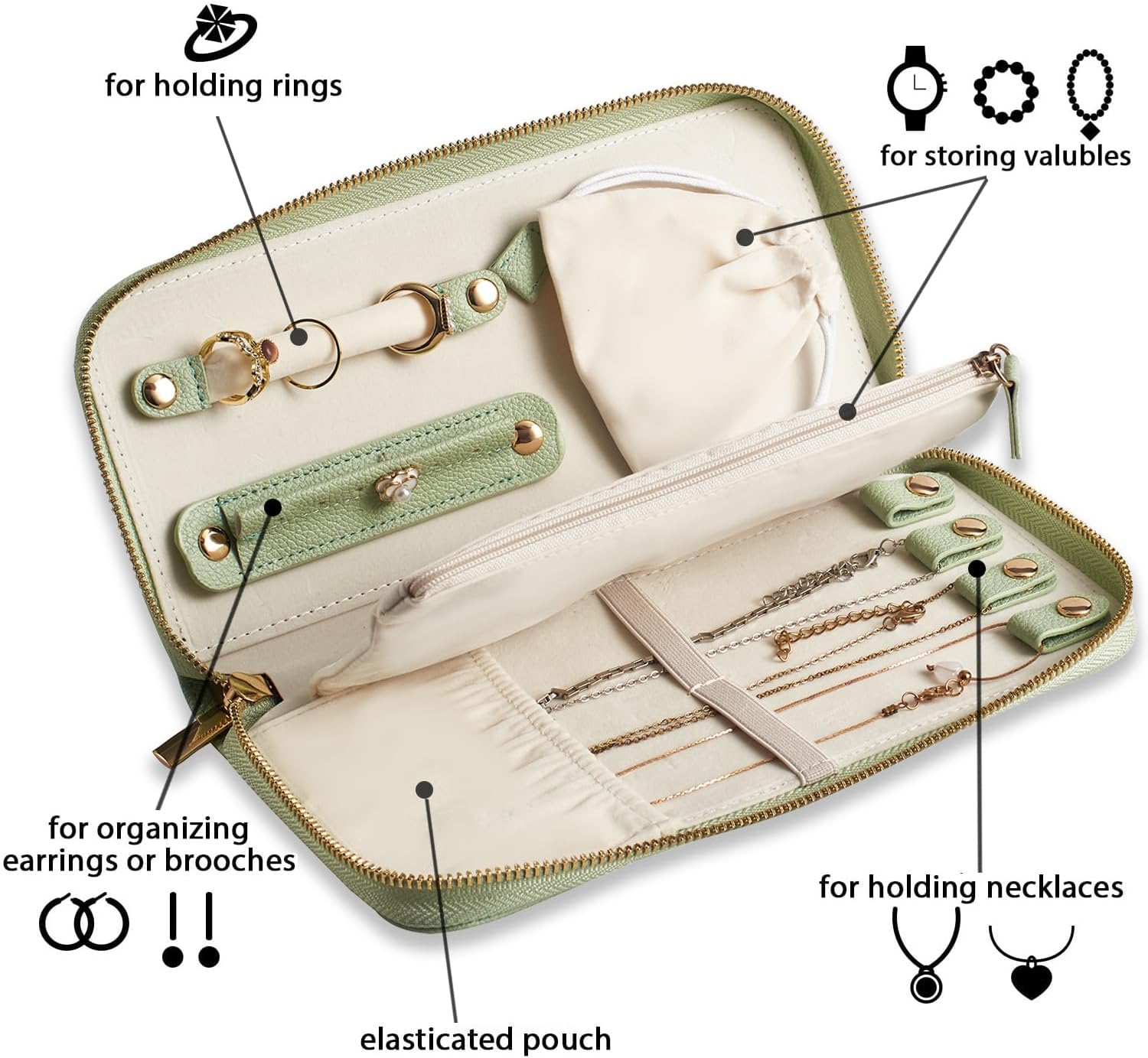 Travel Jewelry Organizer Case - for Tangle-Free Necklaces, Earrings, Rings, Bracelets Storage, Travel Essentials, Fashion Portable Jewelry Travel bags for Women - Medium Macaron Green