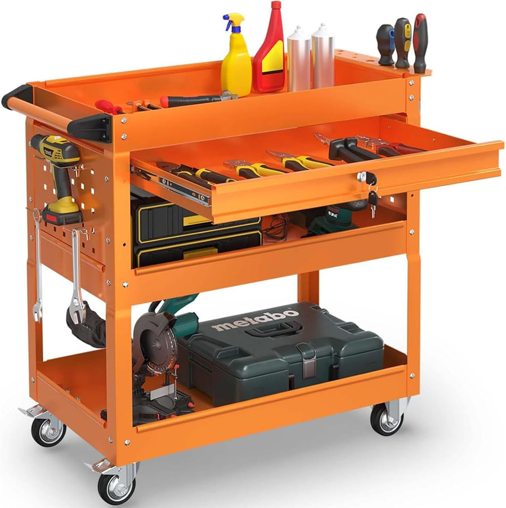 3-Tier Rolling Utility Cart, Metal Heavy Duty Utility Cart on Wheels with Lockable, 330 lb. Load Large Storage Capability Tool Cart for Garage, Warehouse, Repair Shop（Orange）