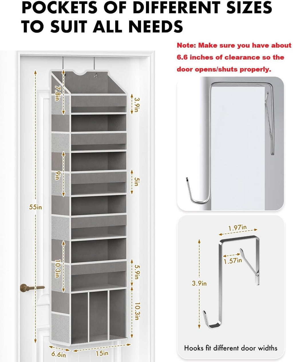 Over The Door Organizer with 6 Large Clear Pockets 12 Mesh Side Pockets - 50LB Heavy Duty Behind Door Storage, Door Hanging Storage for Closet Bathroom Pantry Nursery Laundry