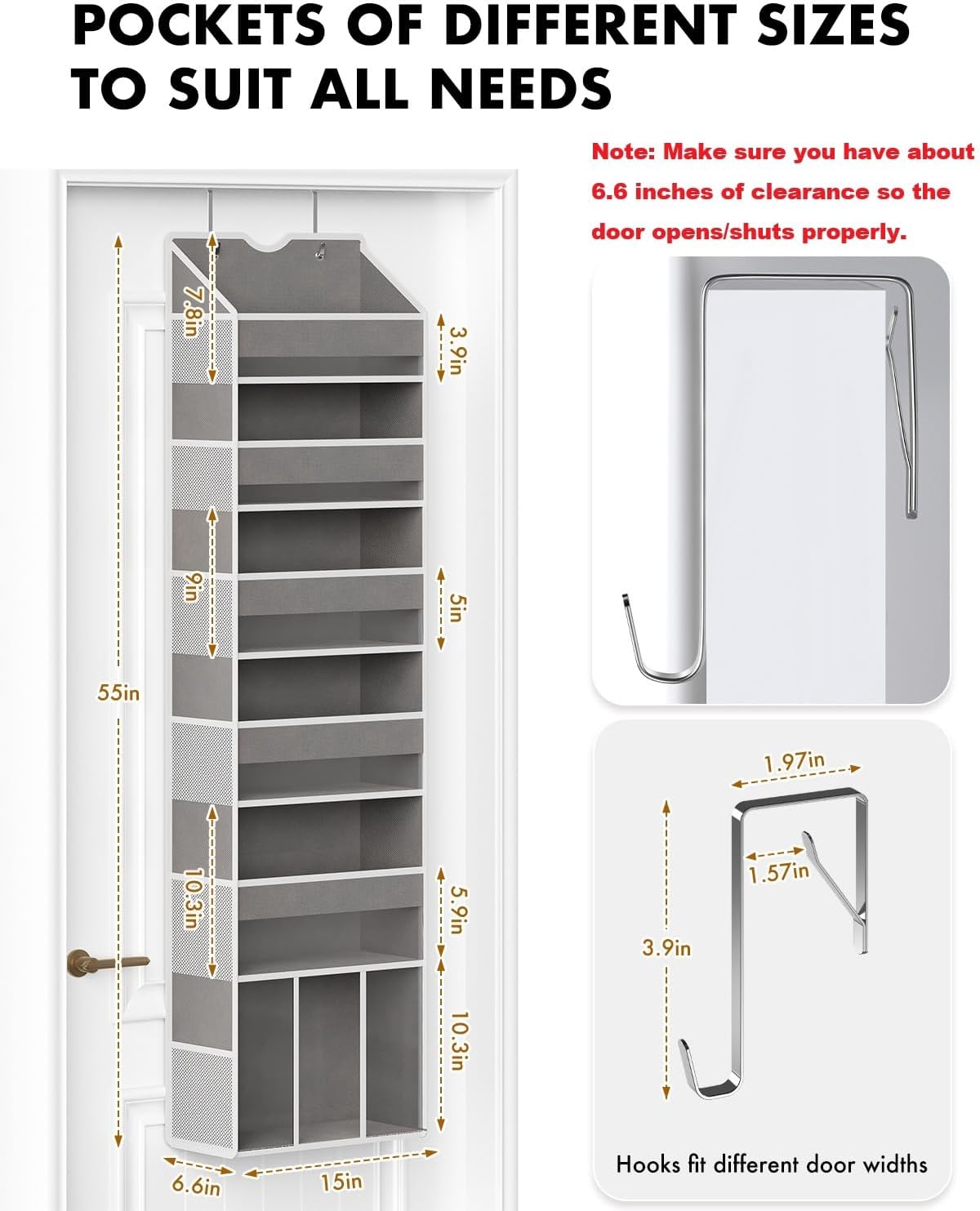 Over The Door Organizer with 6 Large Clear Pockets 12 Mesh Side Pockets - 50LB Heavy Duty Behind Door Storage, Door Hanging Storage for Closet Bathroom Pantry Nursery Laundry