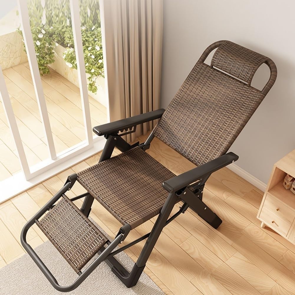 Gravity Folding Sun Lounge Chair Rattan Recliner with Pillow and High Backrest Wicker Adjustable