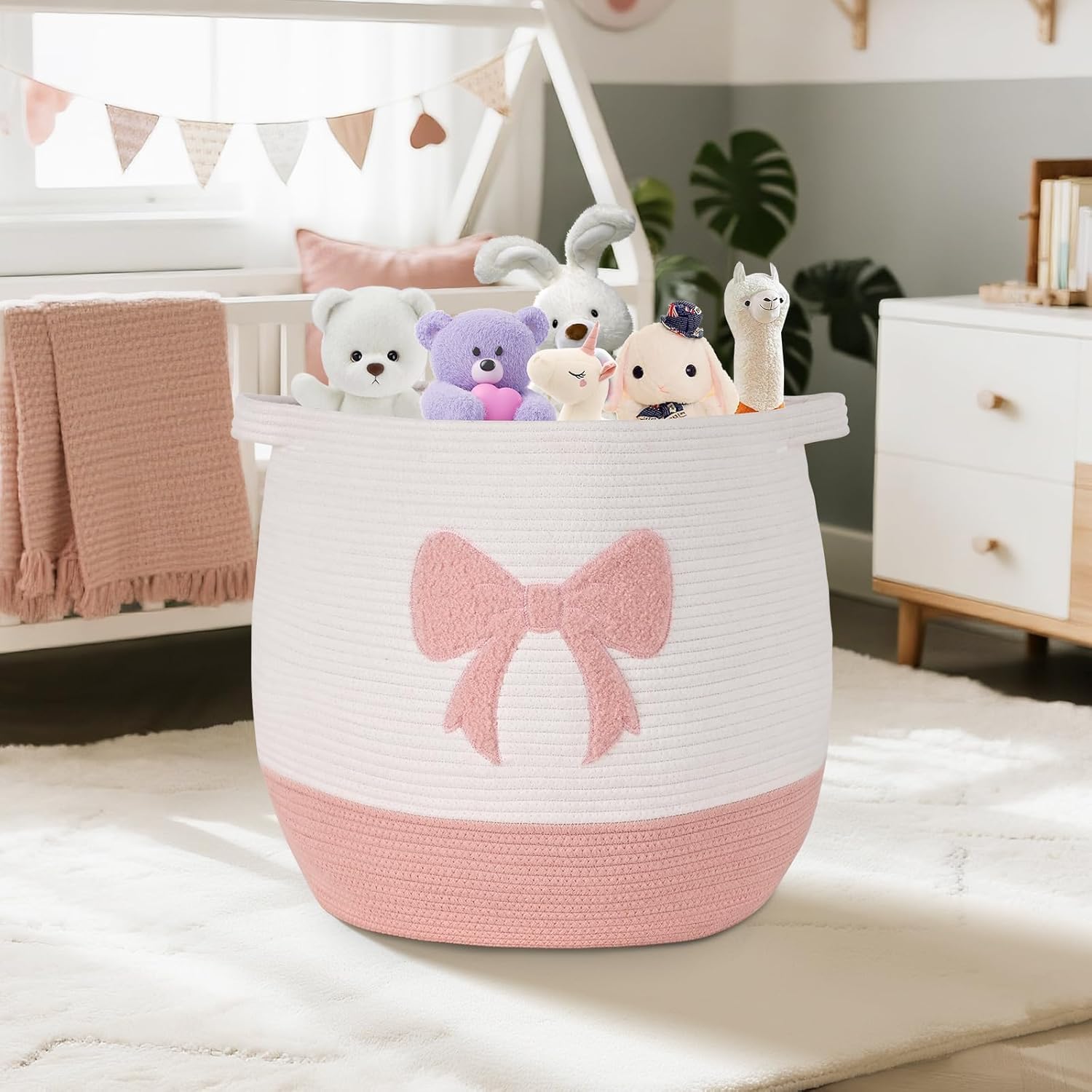 Large Baby Laundry Hamper, Pink Bow Laundry Basket for Baby Girl, Toy and Blanket Storage Basket for Nursery and Playroom, Cotton Rope Hamper for Kids, 17.7"x15.7"
