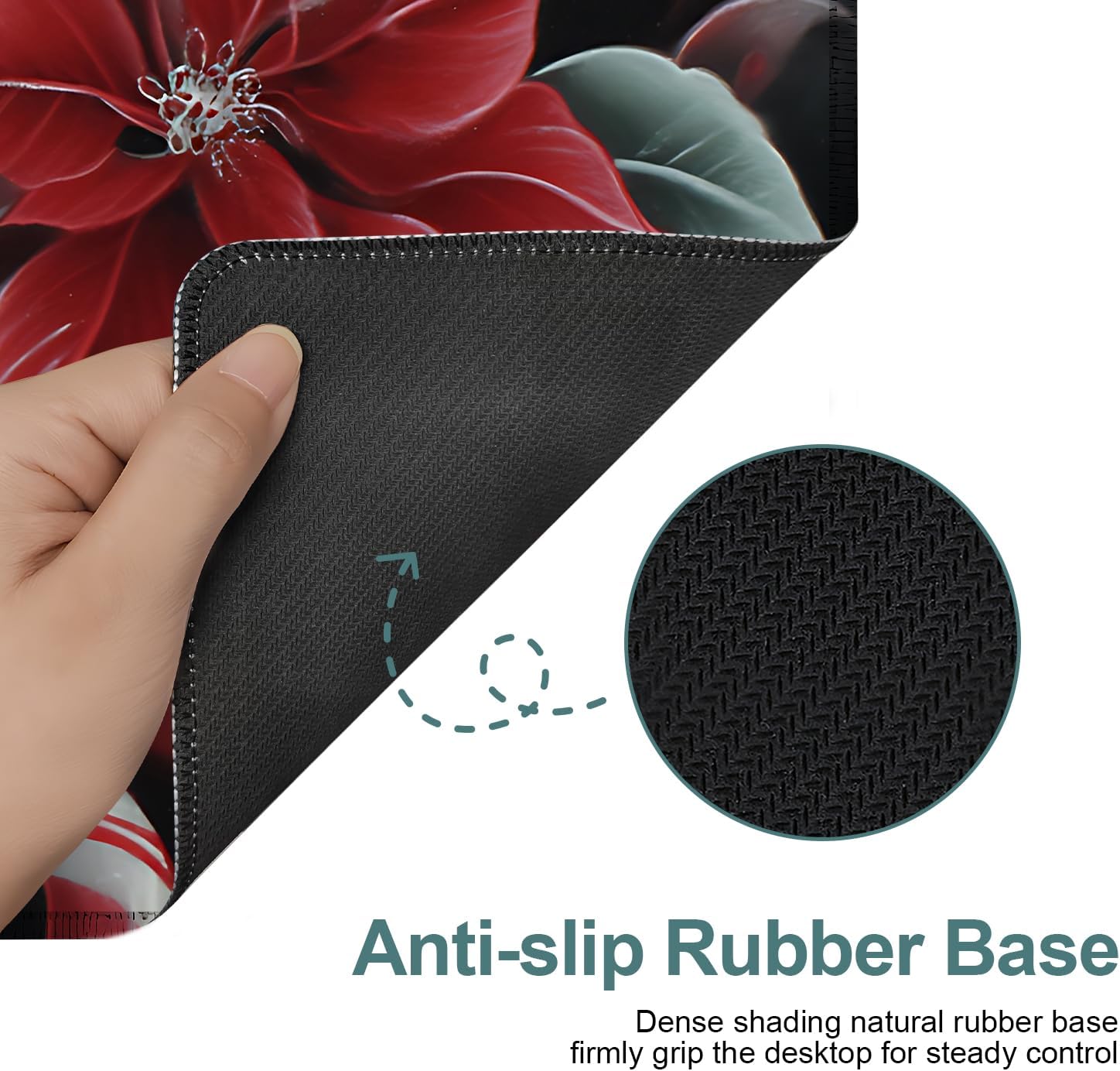 Christmas Flowers Gaming Mouse Pad 31.5"x11.8"Desk Mat Anti-Slip Rubber Base & Durable Stitched Edges for Gamers Smooth Mouse Writing Surface for Desk Office/Home