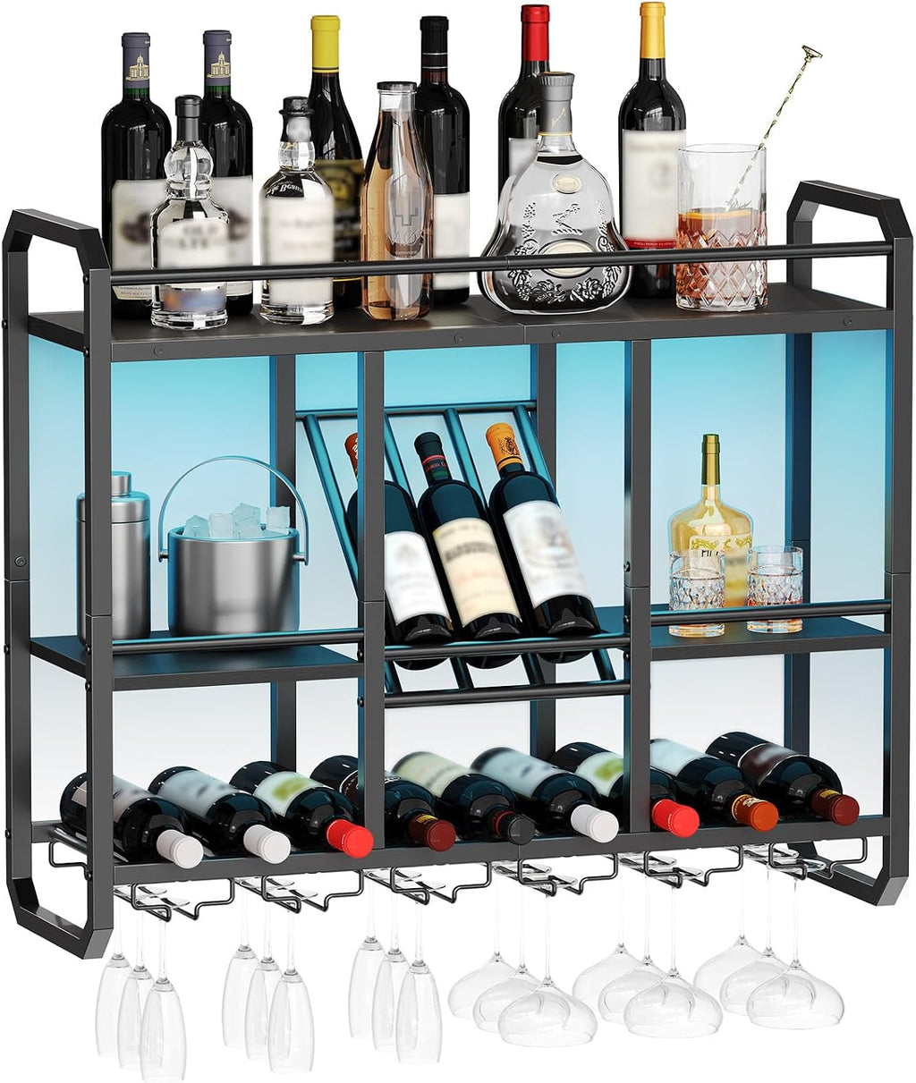 HOOBRO Wall Mounted Wine Rack with LED Light, Wine Shelf with Glass Holder | 4 Tier Metal Hanging Wine Display Shelf, Liquor Bottle Display Rack, for Kitchen, Home Bar, Dining Room