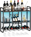 HOOBRO Wall Mounted Wine Rack with LED Light, Wine Shelf with Glass Holder | 4 Tier Metal Hanging Wine Display Shelf, Liquor Bottle Display Rack, for Kitchen, Home Bar, Dining Room