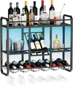 HOOBRO Wall Mounted Wine Rack with LED Light, Wine Shelf with Glass Holder | 4 Tier Metal Hanging Wine Display Shelf, Liquor Bottle Display Rack, for Kitchen, Home Bar, Dining Room