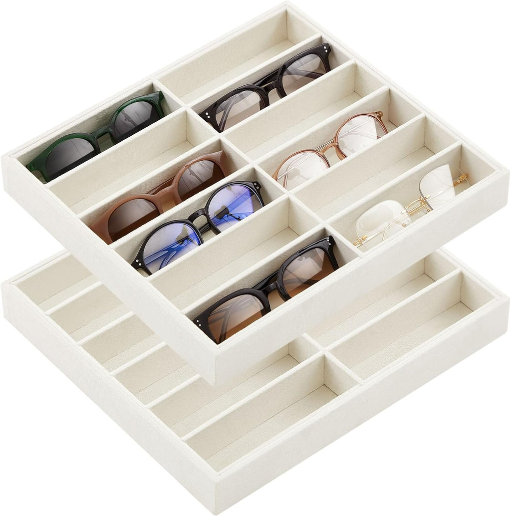 2 Pcs Sunglass Organizer Trays Glasses Stackable Jewelry Trays Sunglass Organizer Display Box (12 Grids,Beige)