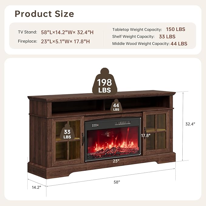 58" Farmhouse TV Stand with 23" Fireplace for TVs up to 80", Media Entertainment Center with Adjustable Shelves and Large Storage Cabinets, for Living Room, Brown & Black