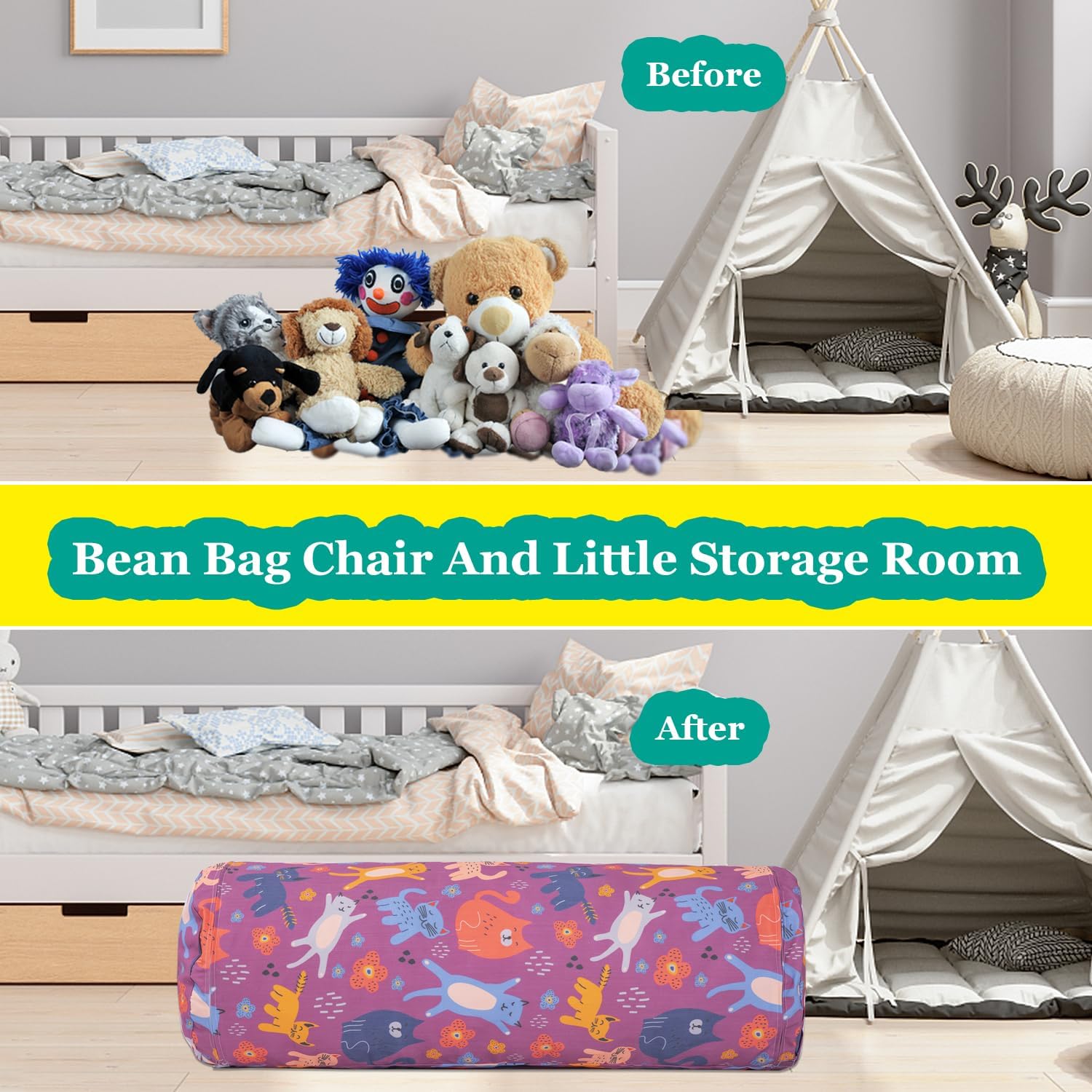 LOLOMLO Stuffed Animal Bean Bag Storage Chair for Kids Cover Only (No Filler), Organize, Sit, Play & Boxing, 100% Cotton Canvas Washable, Ultra Soft Cylinder Long Vertical Zipper Best Gift for Child