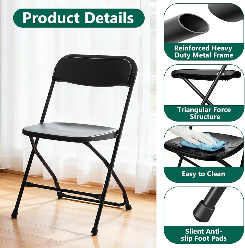 4 Pack Black Plastic Folding Chairs, Outdoor Portable Folding Chair with Stee...