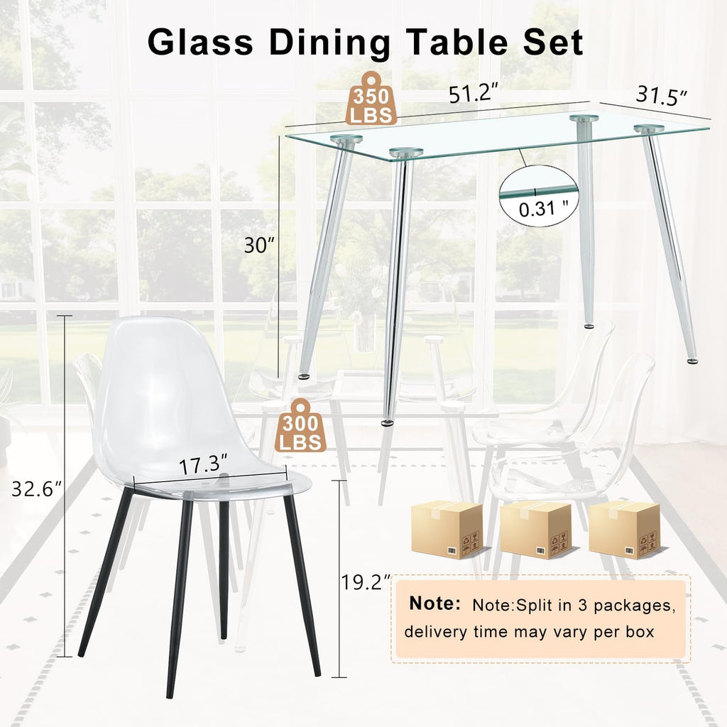 Ebullient Glass Dining Table Set for 4, 51" Clear Tempered Glass Table with Black Metal Legs and 4 Transparent Acrylic Chairs, Compact Modern Kitchen Table Set for Small Space Dining Room