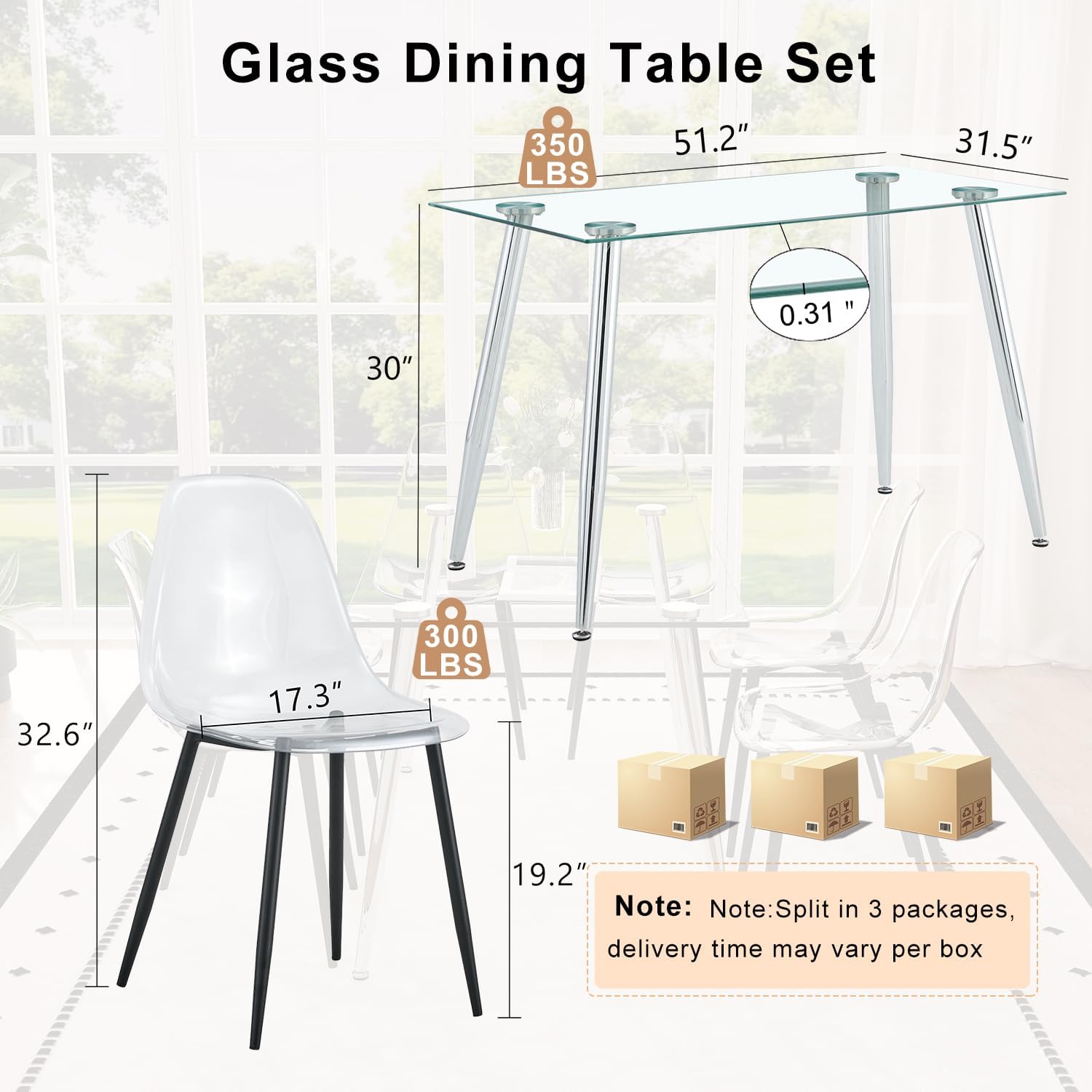 Ebullient Glass Dining Table Set for 4, 51" Clear Tempered Glass Table with Black Metal Legs and 4 Transparent Acrylic Chairs, Compact Modern Kitchen Table Set for Small Space Dining Room