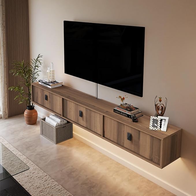 Solid Wood Floating TV Shelf, 71'' Wall Mounted TV Cabinet, Floating Shelves with 3 Doors, Wooden Mid-Century Entertainment Media Console Center Large Storage Under TV (Walnut)