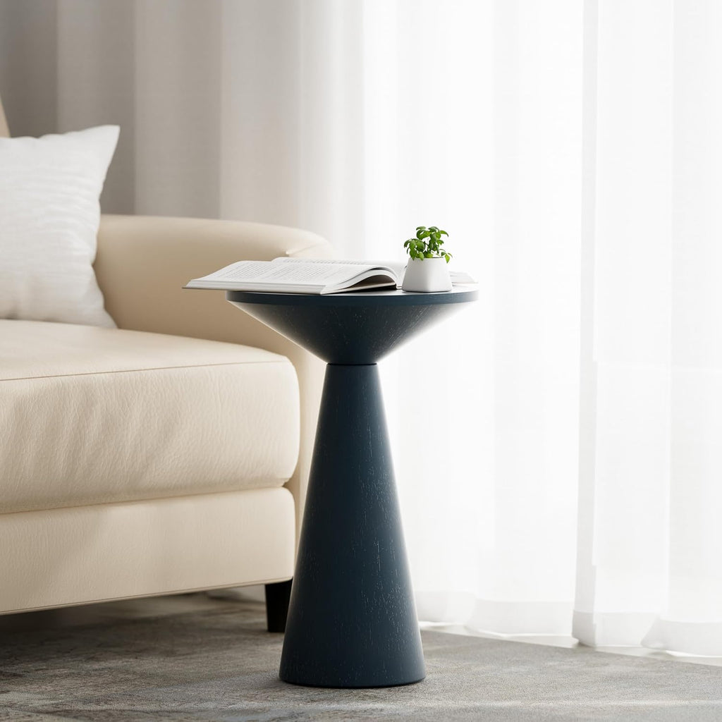 COZAYH Small Pedestal End Table Round Farmhouse Martini Table Wood Plant Stand Rustic Drink Table for Small Space Living Room, Dark Blue