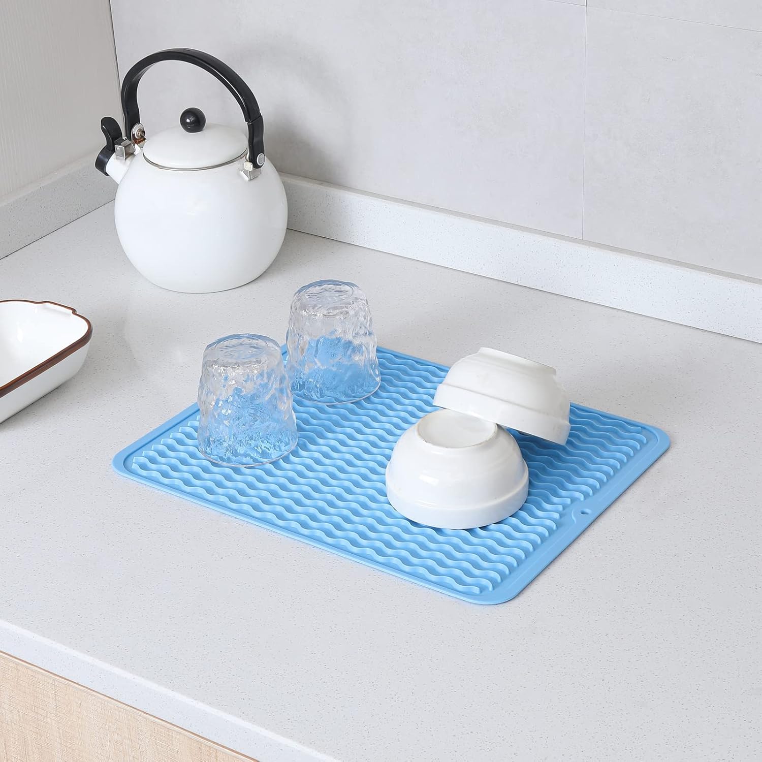 Silicone Dish Drying Mat for Multiple Usage,Easy clean,Eco-friendly,Heat-resistant Silicone Mat for Kitchen Counter or Sink,Refrigerator or drawer liner Light Blue L 16 inches x 12 inches