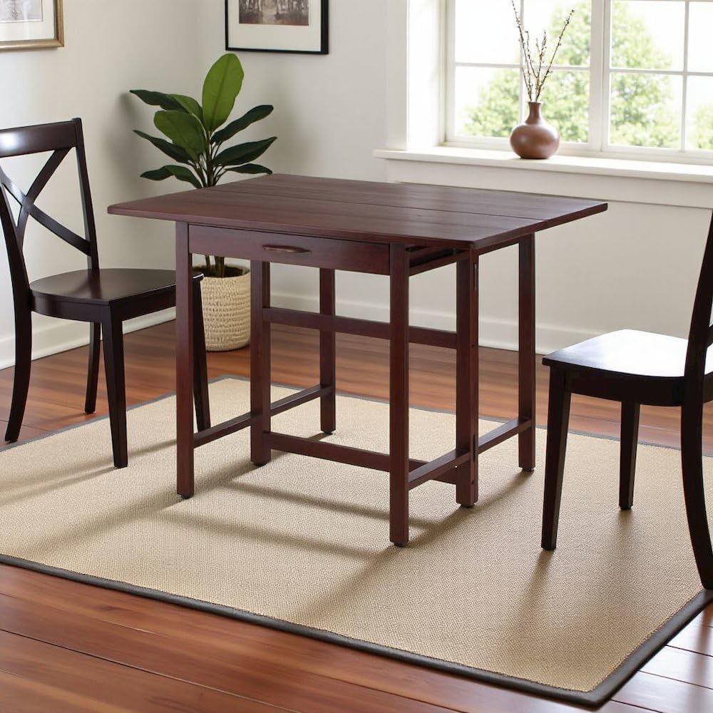 Furnifact Walnut Folding Dining Table – Compact Drop Leaf Table – Space-Savin...