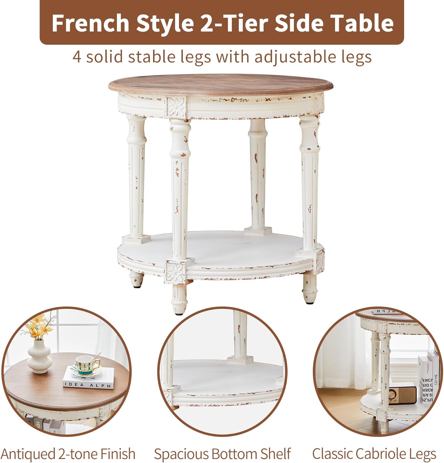BERRYMERRY 23.6" French Country Two Tone Round End Table,Chipped White Vintage 2 Tier Side Table for Living Room Small Space,Easy Assembly (White 1 PC)