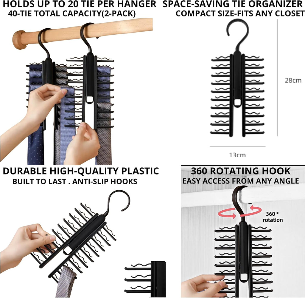Tie Hanger for Men – 2 Pack Space-Saving Tie Organizer for Closet – Durable Plastic Scarf & Belt Hanger – 20-Tie Capacity Rack, Black – Closet Organizer for Ties, Scarves & Accessories