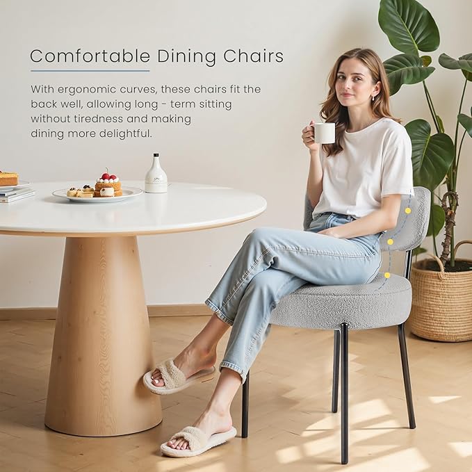 DUMOS Dining Chairs Set of 6, Mid Century Modern Chair Round Upholstered Curved Backrest, Kitchen Vanity Living Room Chairs with Black Metal Legs，Light Grey