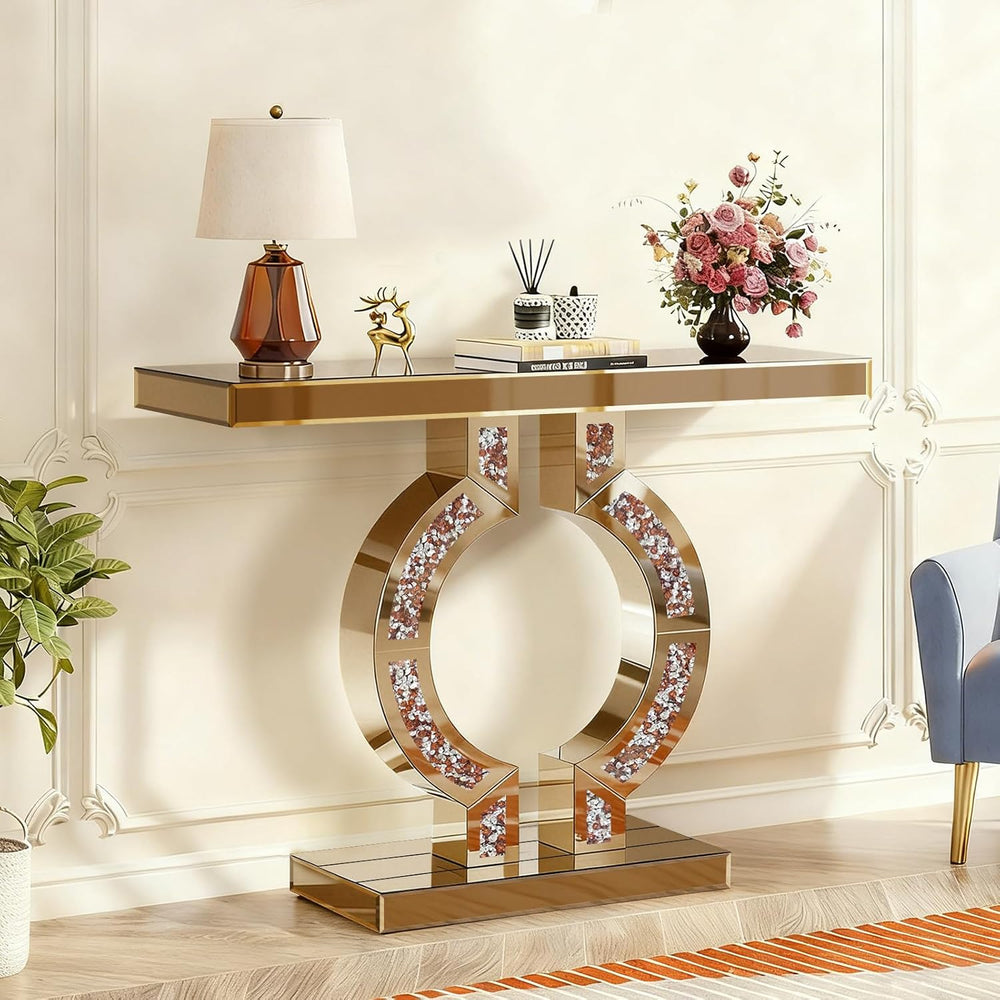 Tea-Colored Mirrored Console Table with Crushed Diamond Inlay, 39.4''...