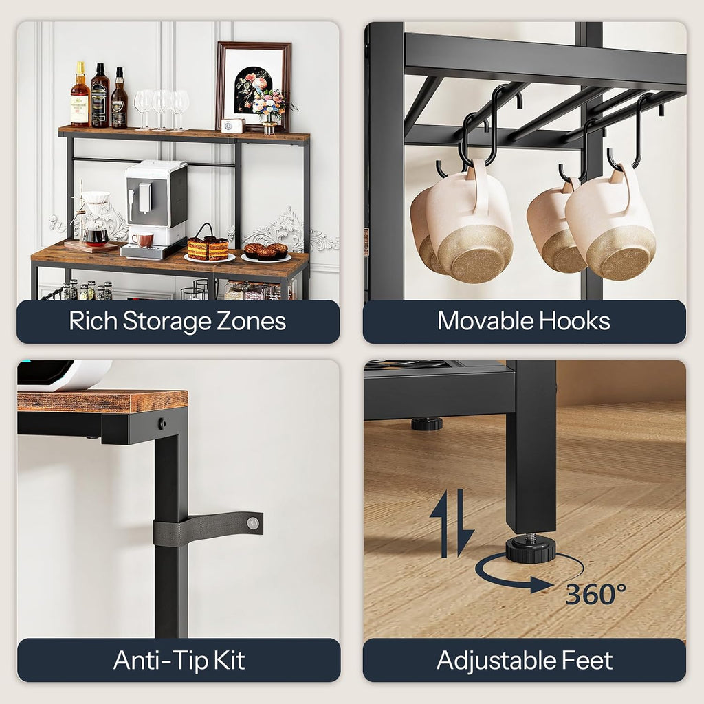 HOOBRO L-Shaped Bakers Rack with Power Outlet, 4-Tier Corner Microwave Stand with Storage, Coffee Bar Station with 8 Hooks, Kitchen Shelf Rack, 2 Installation Methods, Rustic Brown and Black BF20UHB01