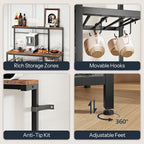 HOOBRO L-Shaped Bakers Rack with Power Outlet, 4-Tier Corner Microwave Stand with Storage, Coffee Bar Station with 8 Hooks, Kitchen Shelf Rack, 2 Installation Methods, Rustic Brown and Black BF20UHB01