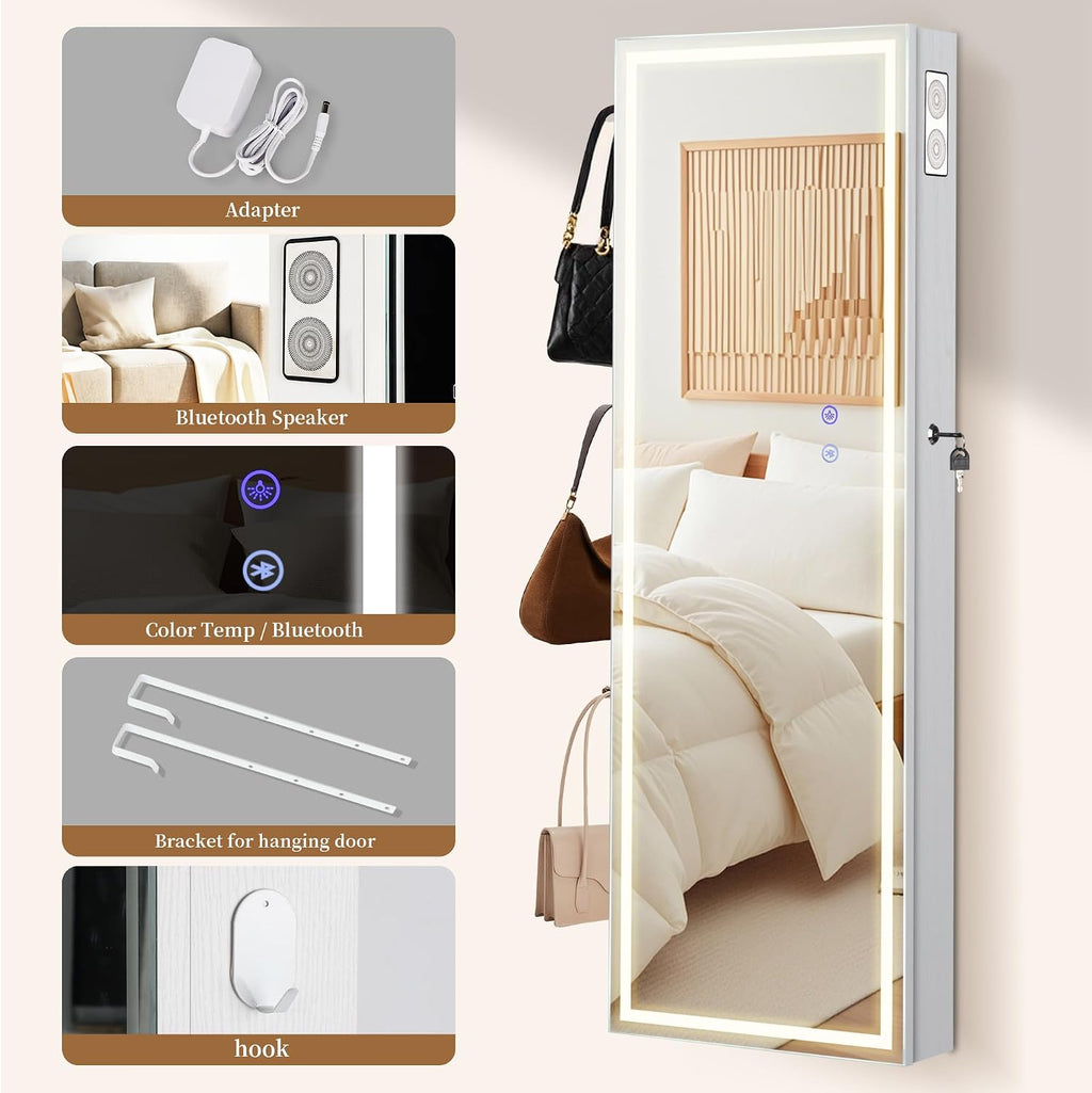 LED Mirror Jewelry Cabinet with Bluetooth Speaker ，Door/Wall Mounted,Equipped with Three Color Light Strips,Full-Length Illuminated Mirror,Jewelry Storage Function