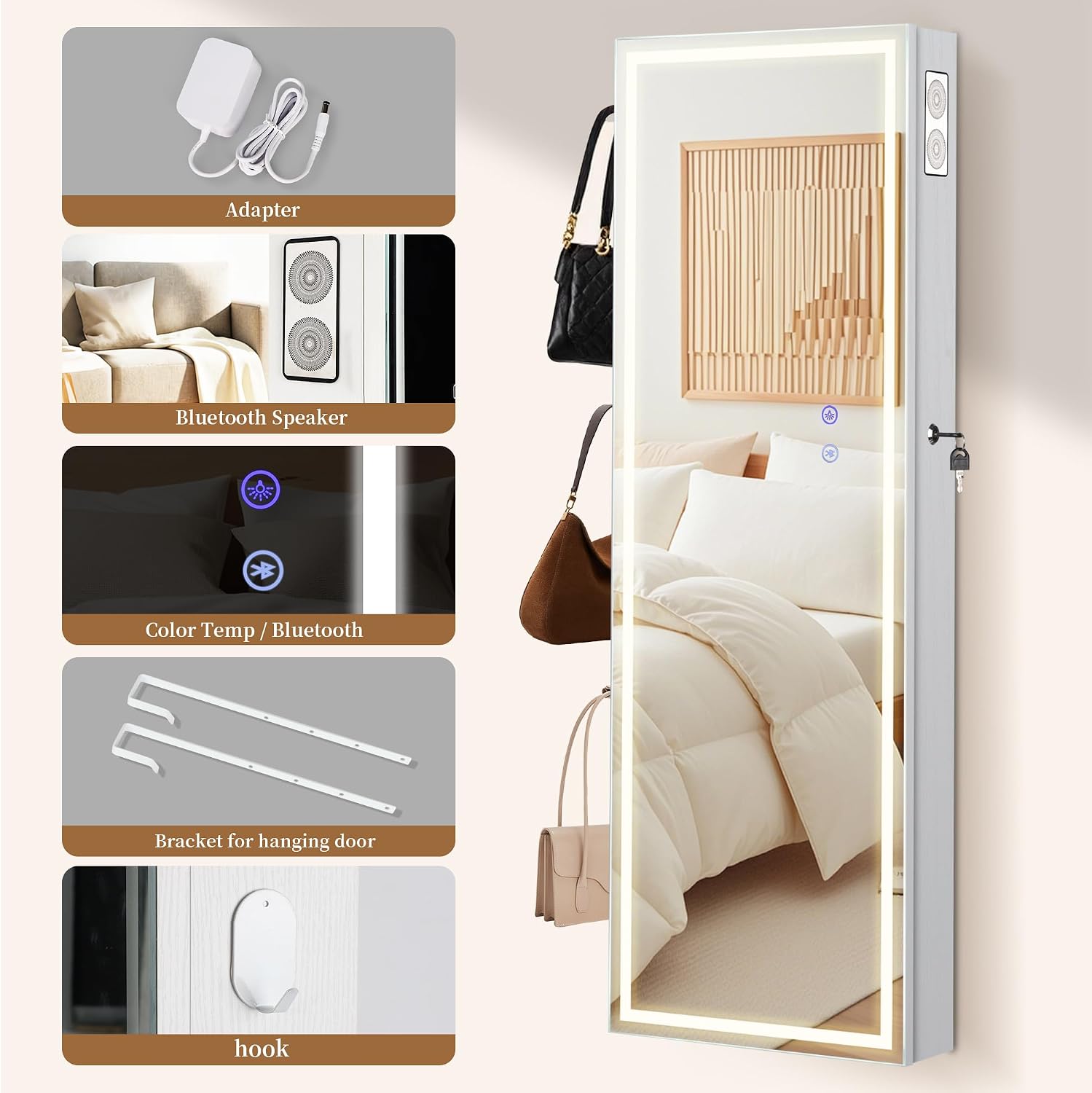 LED Mirror Jewelry Cabinet with Bluetooth Speaker ，Door/Wall Mounted,Equipped with Three Color Light Strips,Full-Length Illuminated Mirror,Jewelry Storage Function