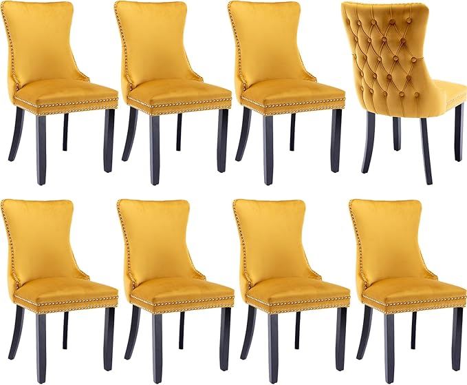 Modern Dining Chairs Set of 8, Upholstered Dining Chair with Full Back and Button Tufting, Yellow Velvet Accent Chair, Sillas de Comedor, Kitchen & Dining Room Chairs (Gold, Velvet, 8Pcs)
