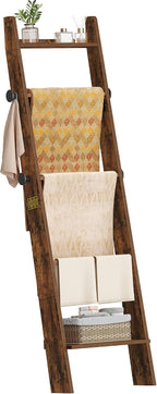 Hzuaneri Blanket Ladder, Decorative Quilt Rack with 4 Removable Hooks | 5-Tier Blanket Ladder Shelf for Bedroom Living Room, Rustic Brown BR30501X