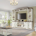 AMERLIFE 98" Farmhouse Wall Unit Entertainment Center with Bookshelves, Wine Cabinet, Fits 75" TVs, Rustic Media Console for Living Room, Large TV Stand with Power Outlets & Barn Door, Off-White