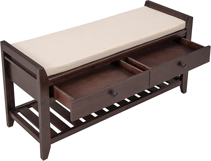 39″ Storage Bench with Cushioned Seat and Drawers,Multipurpose Wooden Entryway Ottoman,Hidden Compartment Organizing Shoe Rack,for Bedroom Hallway Porch,Espresso