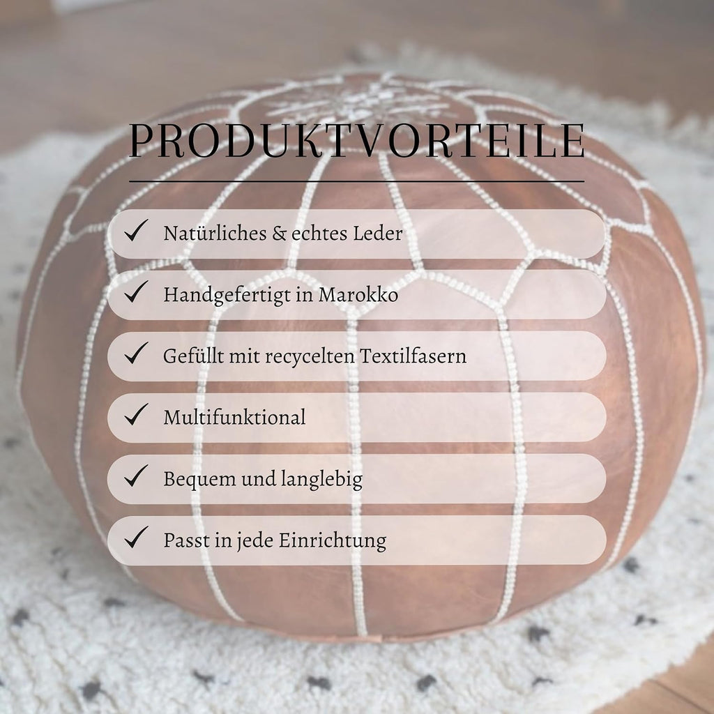 Poufs&Pillows Premium Moroccan Leather Pouf - Handmade - Delivered Stuffed - Ottoman, Footstool, Floor Cushion (Cognac Brown)