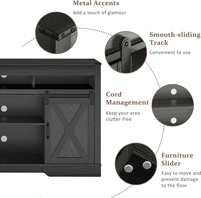 Farmhouse TV Stand with Sliding Barn Door for TVs up to 65+ Inch, 34" Tall Entertainment Center, Wood Media Console Storage Cabinet for Bedroom, Living Room, Black