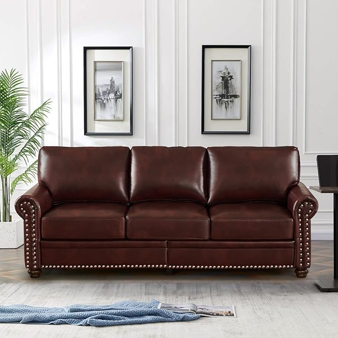 Faux Leather Sofa,82" W Mid Century Modern Couch with Storage Place,Oversized 3 Seater Sofa with Nailhead Trim&Rolled Armrests,Deep Seat Comfy Couch for Living Room,Bedroom,Apartment,Office(Burgundy)