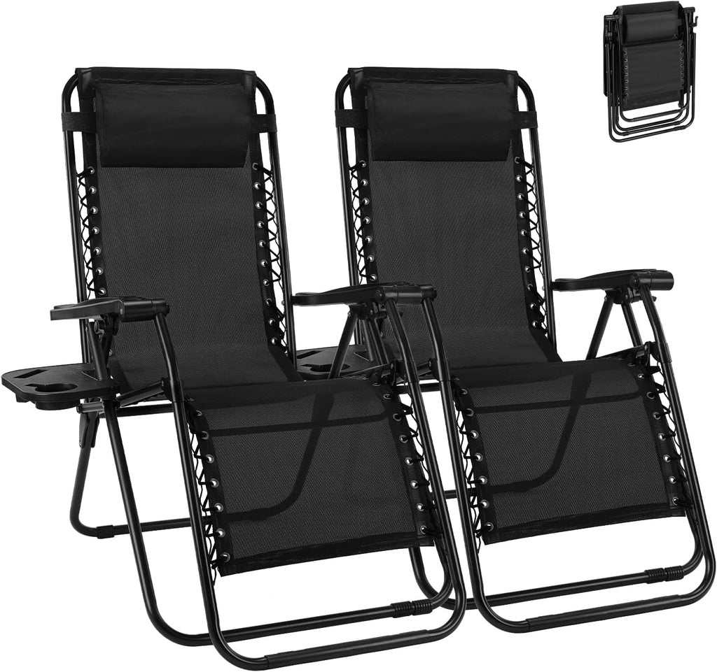NEWBULIG Zero Gravity Chairs Set of 2, Folding Lounge Chair, Modern Black | Portable Lawn Camping Recliner with Adjustable Pollow, Mesh Back, Cup Holder Trays for Pool Beach Patio