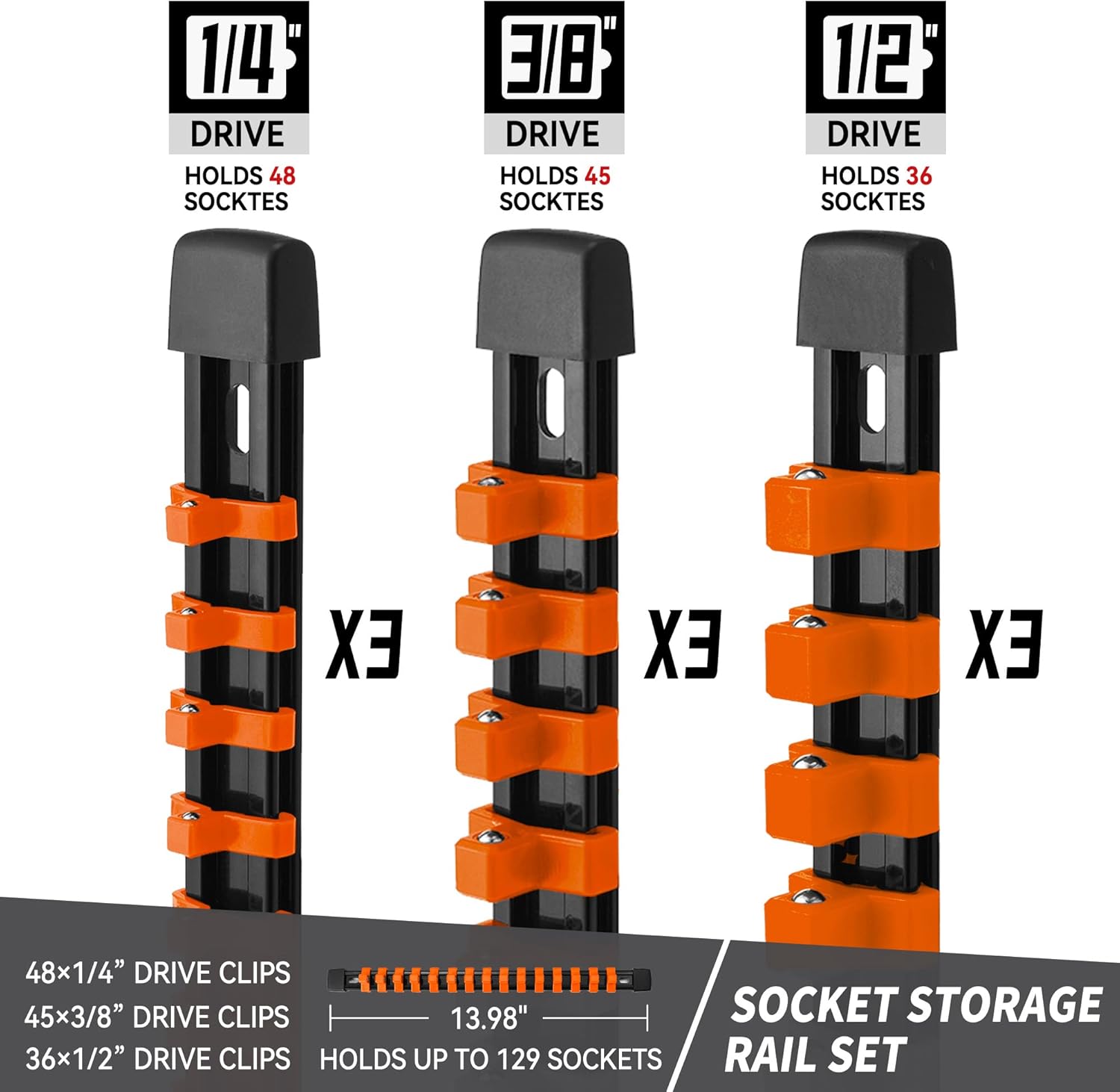 Socket Organizer Drive ABS Tools - Orange Socket Holder, Premium Quality 9 Pieces Socket Holders Kit 1/4-Inch x 48 Clips, 3/8-Inch x 45 Clips, 1/2-Inch x 36 Clips（9PC,Orange)