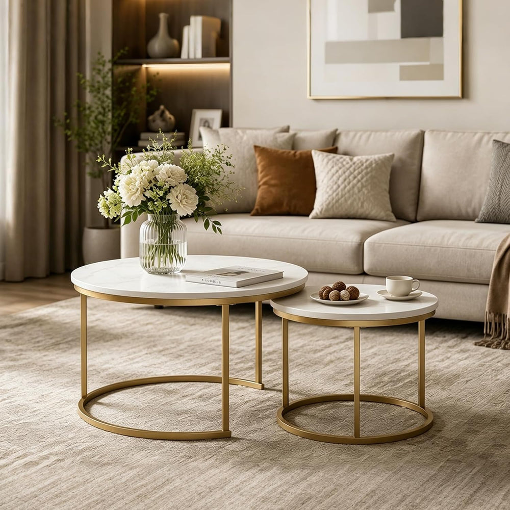 White Round Nesting Coffee Table Set of 2, Marble Pattern Top with Gold Metal...