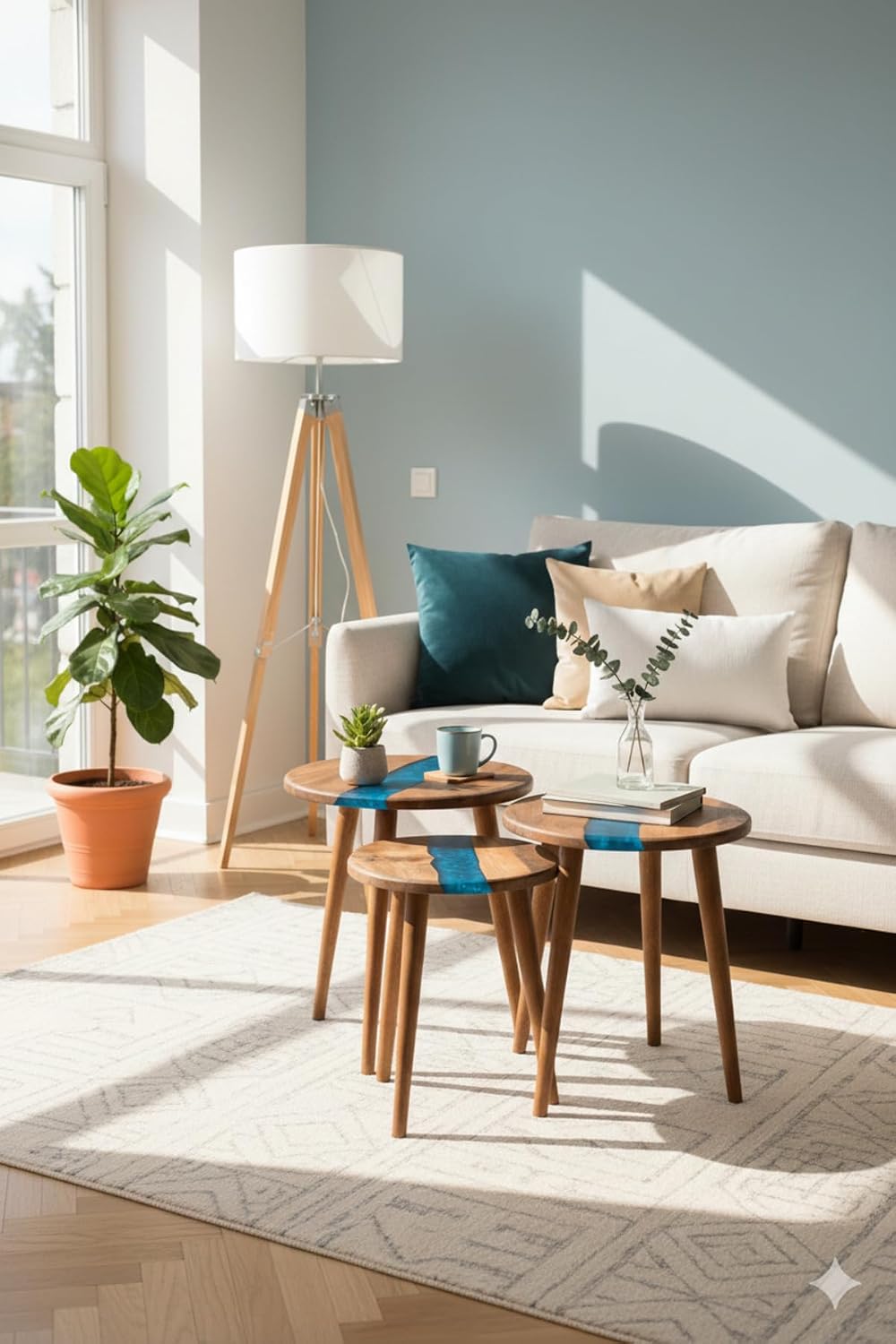 3-Piece Round Nesting Side Table Set 15.7 in | Blue Walnut Wood & Epoxy |...