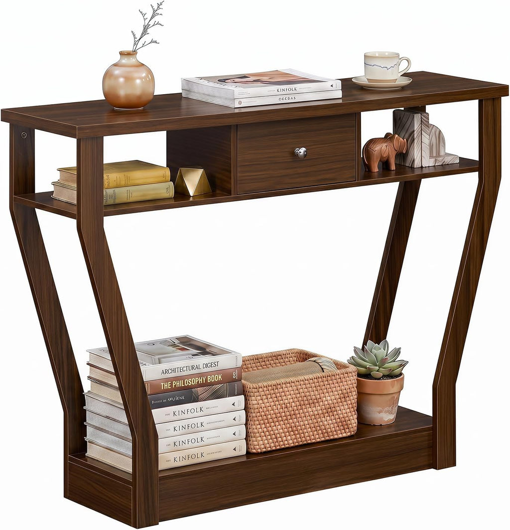 Giantex 43" Modern Console Table with Drawer & Storage Shelf, Walnut | Narrow Entryway Table w/Geometric Angled-Leg Design, Mid-Century Behind Couch Sofa Table for Living Room, Hallway, Entrance