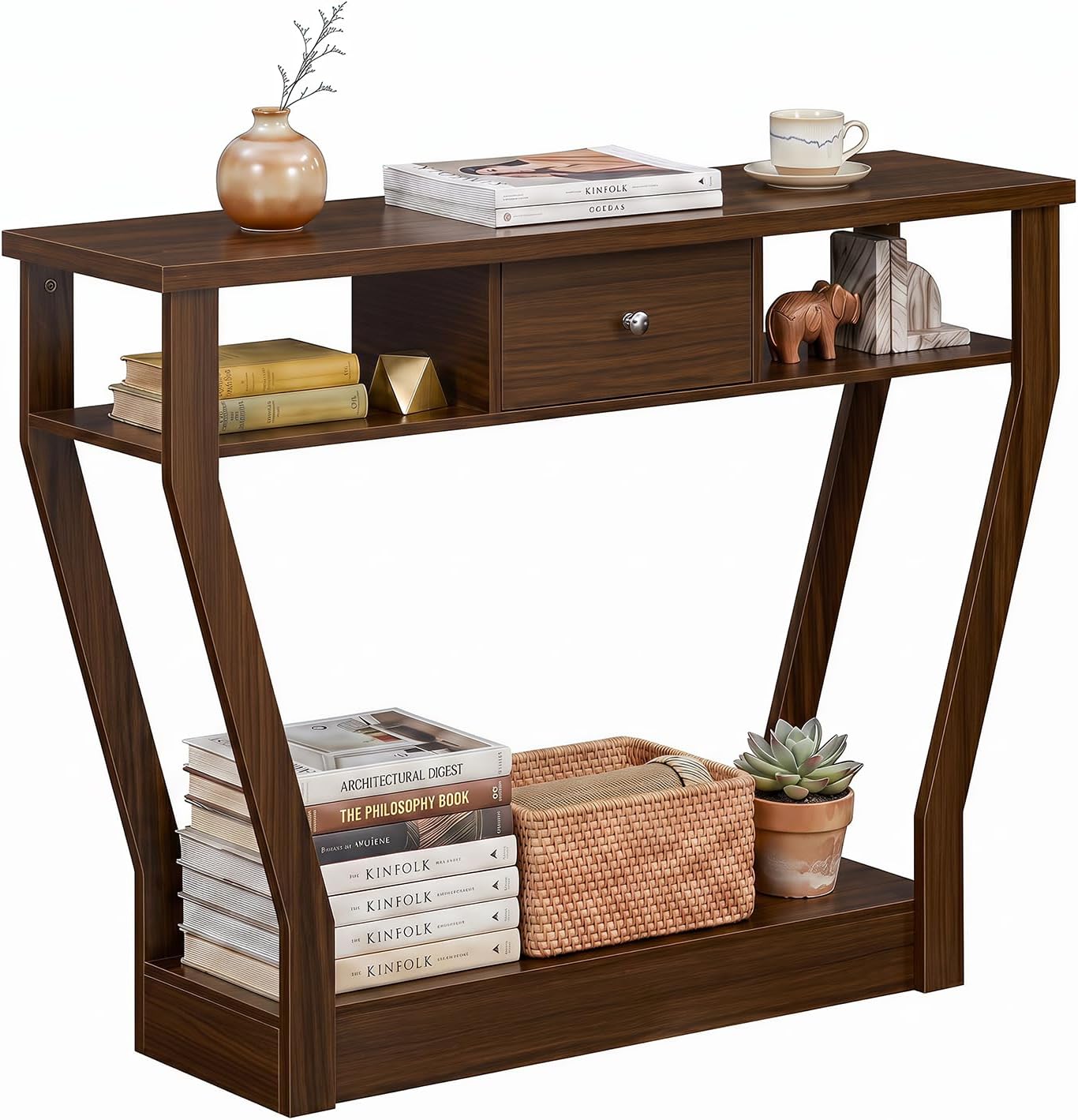 Giantex 43" Modern Console Table with Drawer & Storage Shelf, Walnut | Narrow Entryway Table w/Geometric Angled-Leg Design, Mid-Century Behind Couch Sofa Table for Living Room, Hallway, Entrance