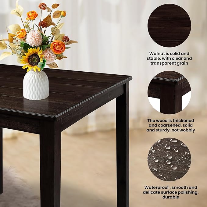 5-Piece Dining Table Set, Solid Rubber Wood Dining Room Table Set for 4, High Top Table and Chair Set for Kitchen Dining Room Restaurant Bar,Espresso