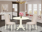 East West Furniture DLFL3-WHI-01 3 Piece Kitchen Table Set Contains a Round Dining Room Table with Dropleaf and 2 Cream Linen Fabric Upholstered Chairs, 42x42 Inch, Linen White
