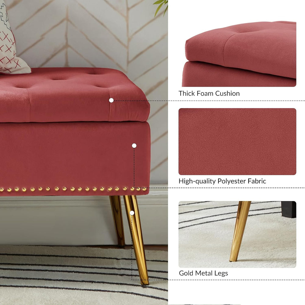 HULALA HOME Modern Velvet Storage Ottoman Bench with Gold Base & Nailhead...