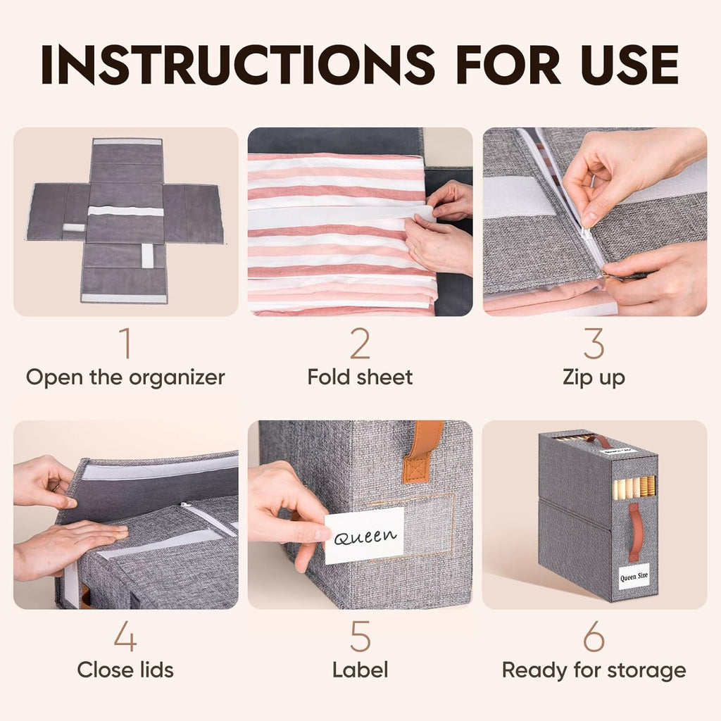 6 Pack Bed Sheet Organizers and Storage(King &Queen Size) with an Elastic Strap, Foldable Closet Linen Sheet Storage Container, Sheet Set Box for Blanket, Duvet Cover and Pillowcase, Grey