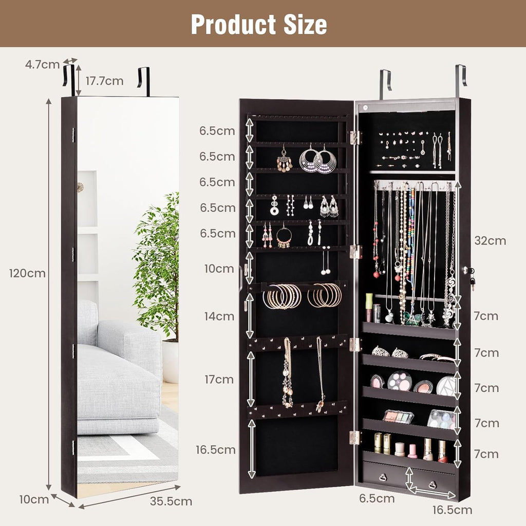 HAPPYGRILL Over the Door Jewelry Organizer, Hanging Jewelry Storage Cabinet w/Full-Length, Inner Makeup Mirror, Earring Shelves, Ring Slots, 25 Necklace Hooks, Wall Mounted Jewelry Armoire for Women