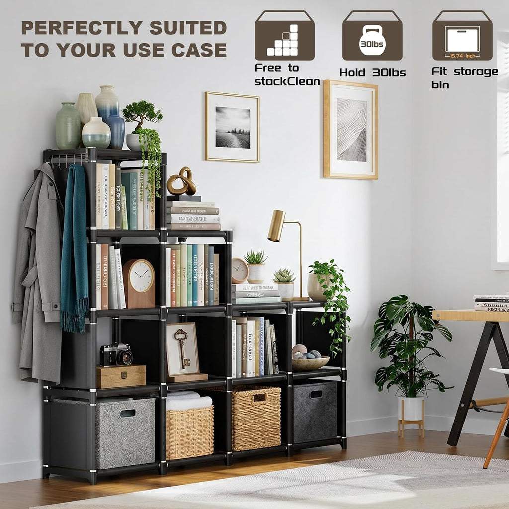 Mavivegue Book Shelf, 12 Cube Storage Organizer, DIY Bookcase, Metal Bookshelf,Tall Book case for Bedroom, Living Room,Office,Closet, Black Cubicle Rack