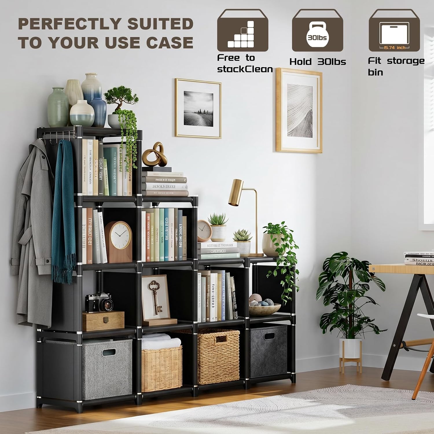 Mavivegue Book Shelf, 12 Cube Storage Organizer, DIY Bookcase, Metal Bookshelf,Tall Book case for Bedroom, Living Room,Office,Closet, Black Cubicle Rack